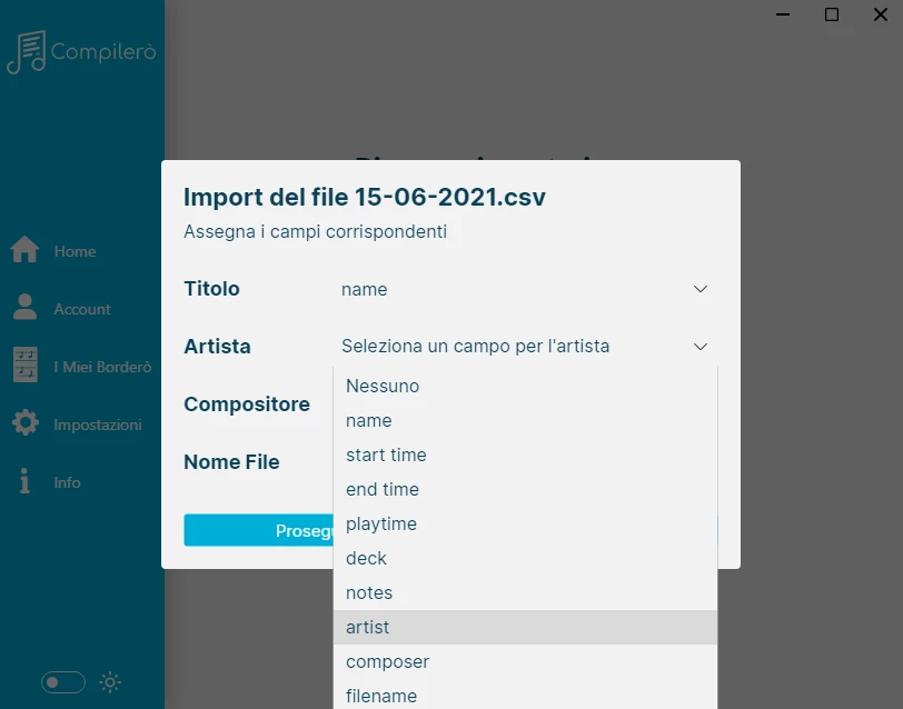 Importa un CSV in Compilerò e associa proprietà