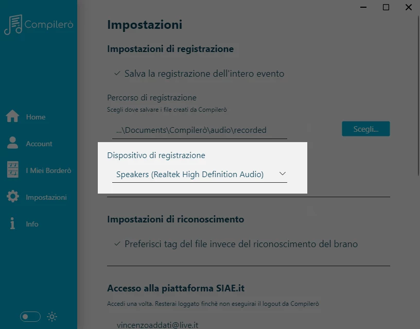 Impostazioni audio di Compilerò